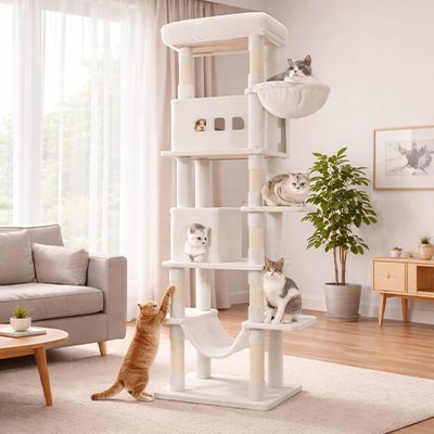 chat roux levant la patte vers un grand arbre à chat blanc où plusieurs chats sont installés.