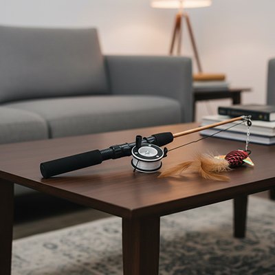  Canne à pêche pour chat avec moulinet et poisson rouge à plumes, posée sur une table basse.