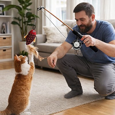 chat roux et blanc debout attrapant un poisson à plumes suspendu à une canne tenue par un homme
