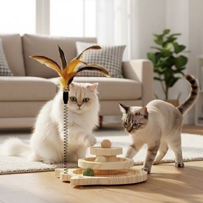 deux chats devant un jouet a circuits de balle superposes
