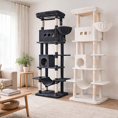 deux grands arbres à chat, noir et blanc, avec niches, plateformes, panier suspendu et hamac.