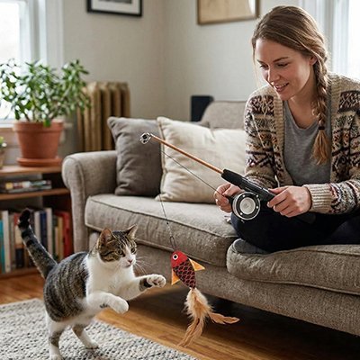  femme assise sur un canapé faisant jouer un chat gris et blanc avec une canne à pêche à poisson en peluche