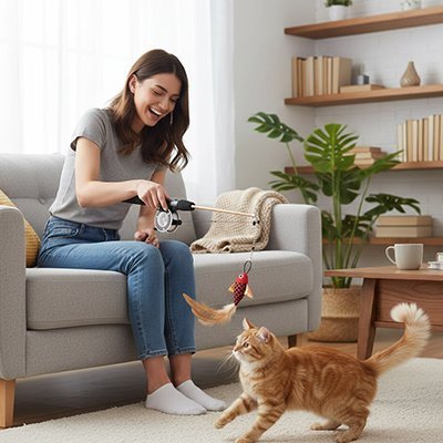  femme assise sur un canapé faisant jouer un chat roux avec une canne et un poisson à plumes.