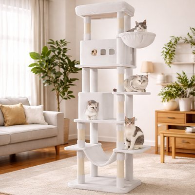  plusieurs chats installés sur les plateformes et dans les niches et le panier d’un grand arbre à chat blanc. 